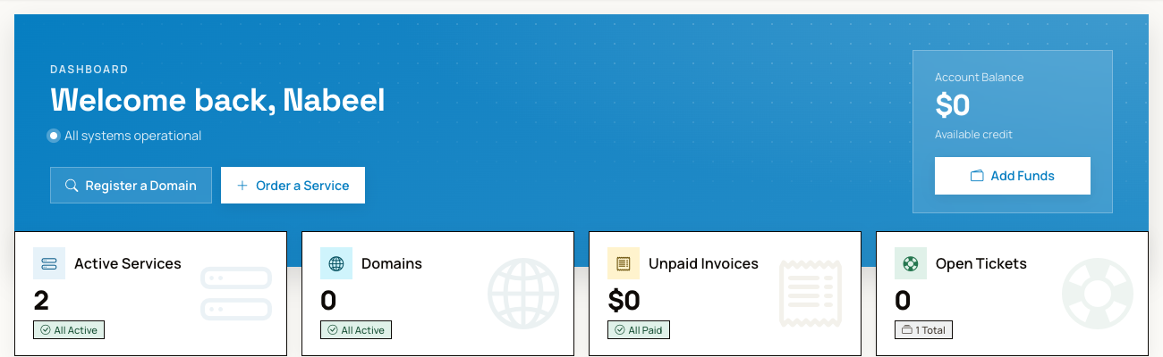 The client area dashboard