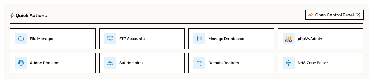 Quick Actions on the hosting plan page