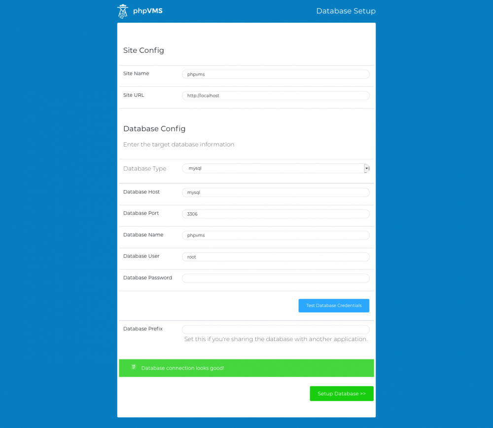 The database setup page
