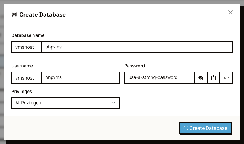 Create Database, with the user and privileges in the same form