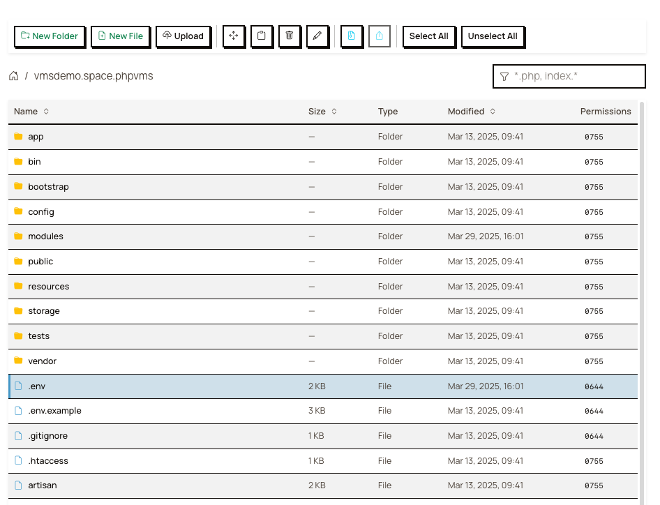 The phpVMS folder in File Manager, with the .env file selected