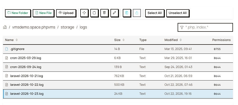 The storage/logs folder in File Manager